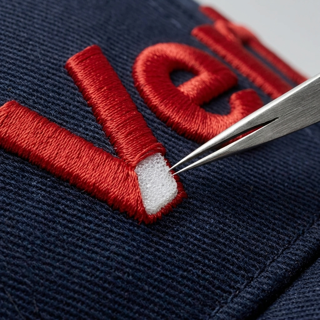 Cross section illustration of foam under dense satin stitching on a cap with the foam cut along the edges