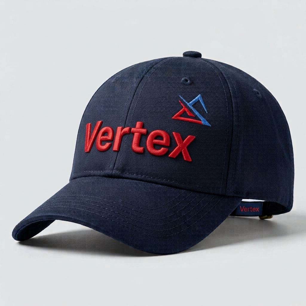 A structured baseball cap with raised 3D puff embroidered lettering on the front panel, representing 3D puff embroidery and digitizing