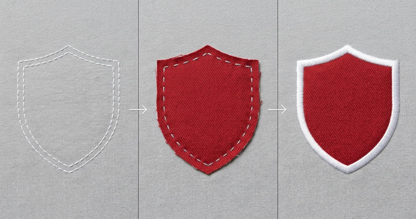 Three stages of a red shield applique in order: placement line, fabric tacked down with raw edges, and finished white satin cover stitch