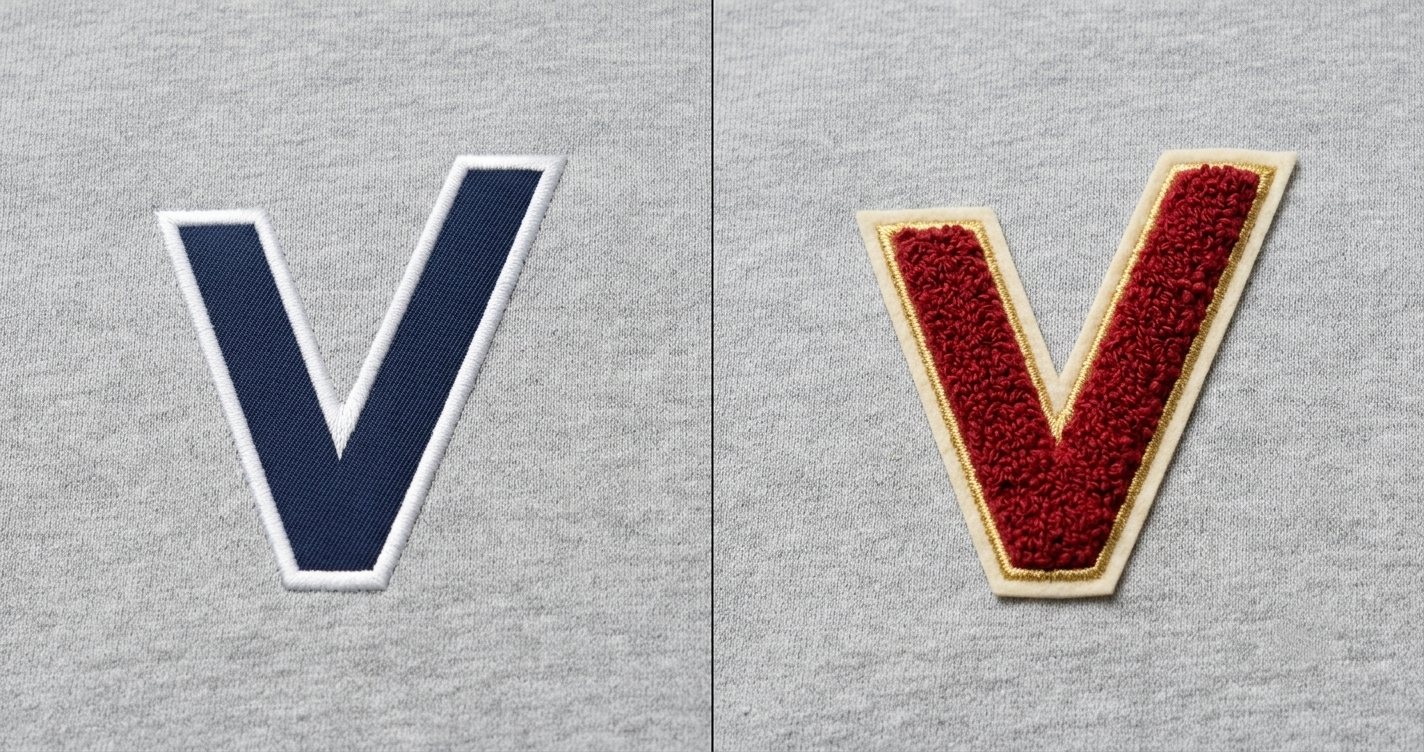 Side-by-side comparison of a flat navy applique letter V with a white satin border and a raised red chenille letter V on a gold-bordered felt backing, both on grey sweatshirt fabric