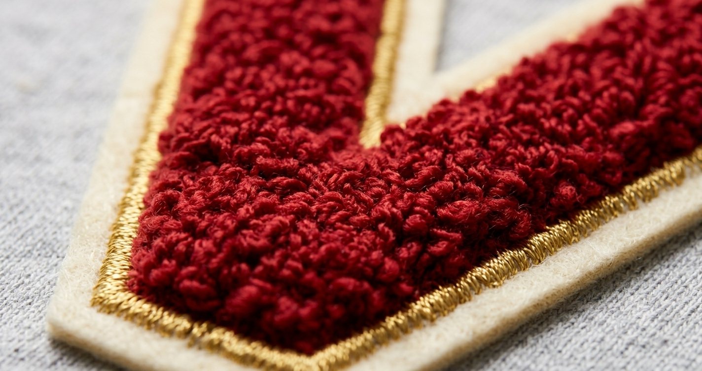 Close-up of a red chenille letter showing raised moss stitch loops in the fill and a flat gold border stitch on cream felt