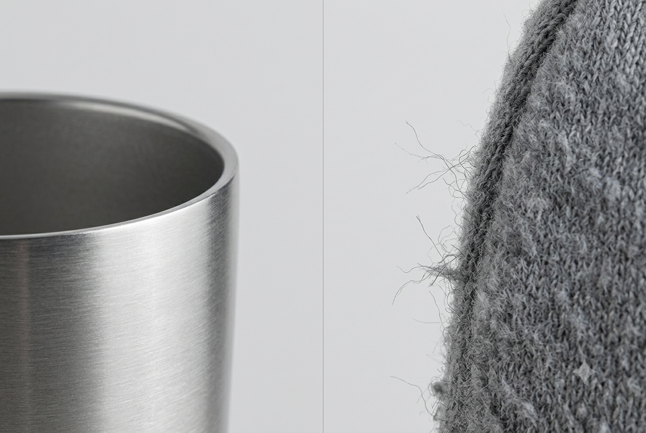 Close-up comparison of a hard clipping path edge on a steel tumbler and a feathered mask edge on knit fleece