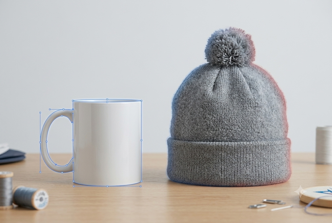 A ceramic mug outlined by a clean clipping path next to a fleece beanie with a soft masked edge, representing clipping paths vs. image masking for product photos