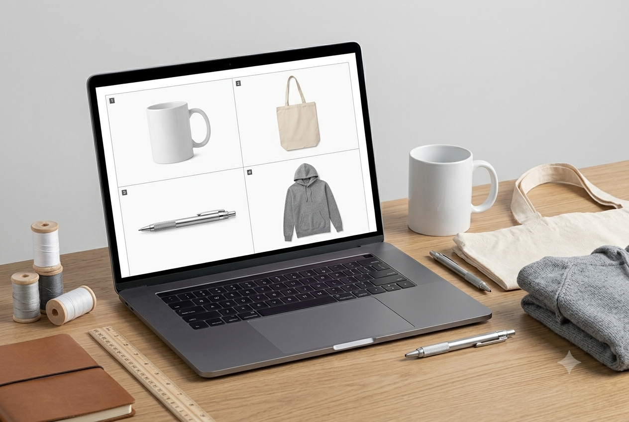 Cutout product photos placed on a virtual proof layout for an apparel decorator