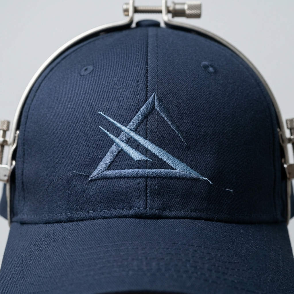 A structured cap pulled around a cap frame showing the curved front panel and center seam