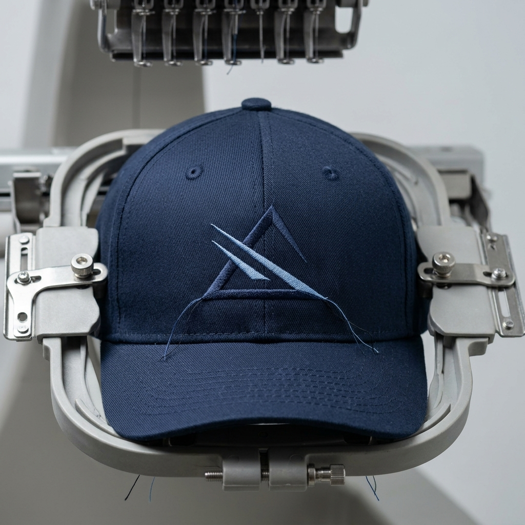 A structured six-panel cap on an embroidery machine cap frame with a stitched logo on the front panel, representing hat embroidery digitizing