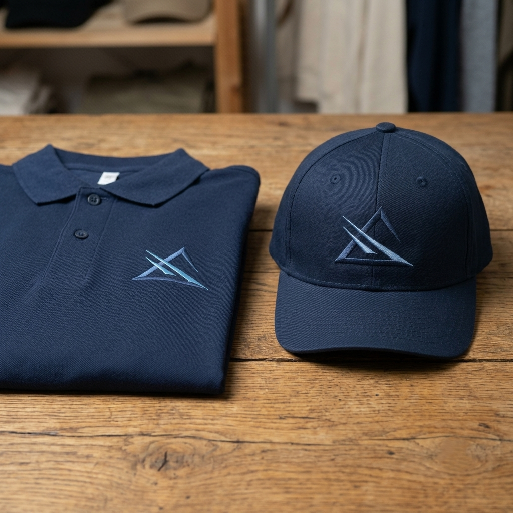 A finished embroidered cap logo beside a flat shirt version of the same logo showing different proportions