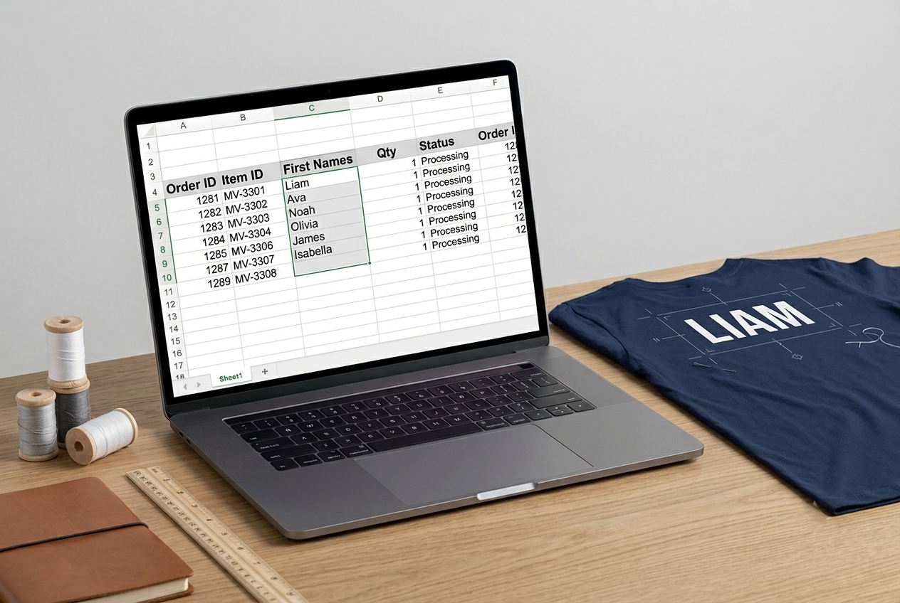 A spreadsheet roster of names beside a team shirt layout with a name placed in a locked template position, representing name drop templates for apparel decorators