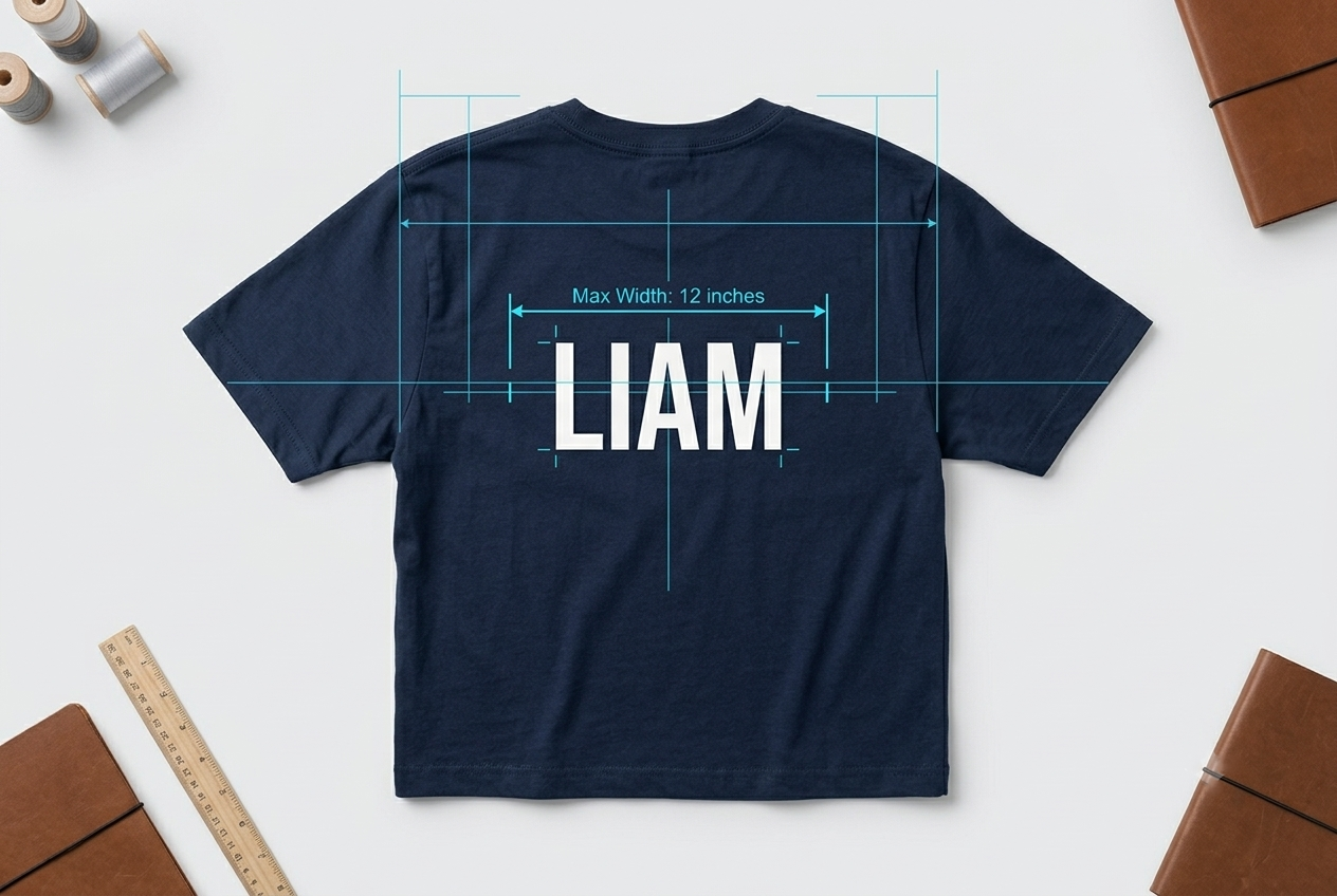 A shirt back layout showing a locked name position, maximum width guide, and fixed baseline
