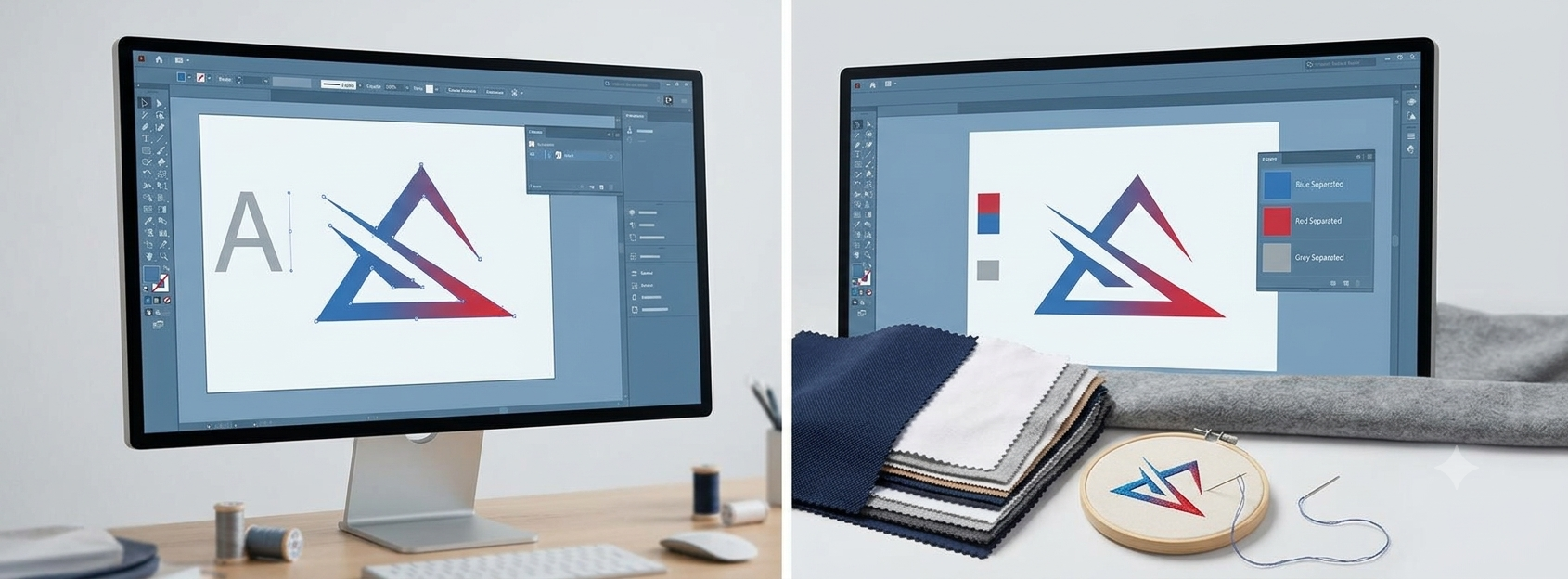A production artist working at a dual-monitor desk with vector artwork, color separations, and embroidery files open, representing outsourced production art