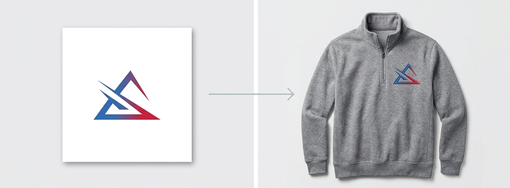 A split comparison showing a flat uploaded logo file on the left and the same logo rendered as a realistic virtual proof on a quarter-zip pullover on the right