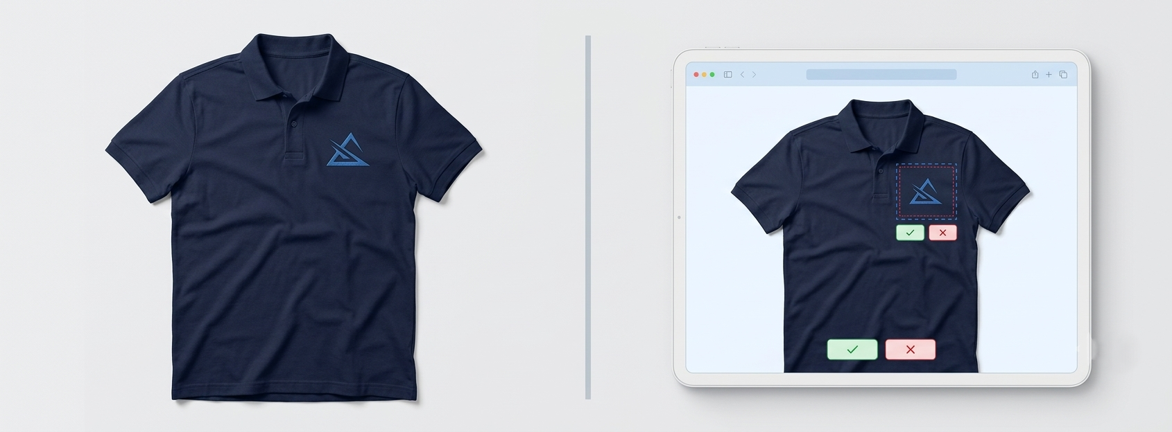 A realistic virtual proof showing a logo placed on a navy polo shirt next to the client approval screen used to sign off on it before production